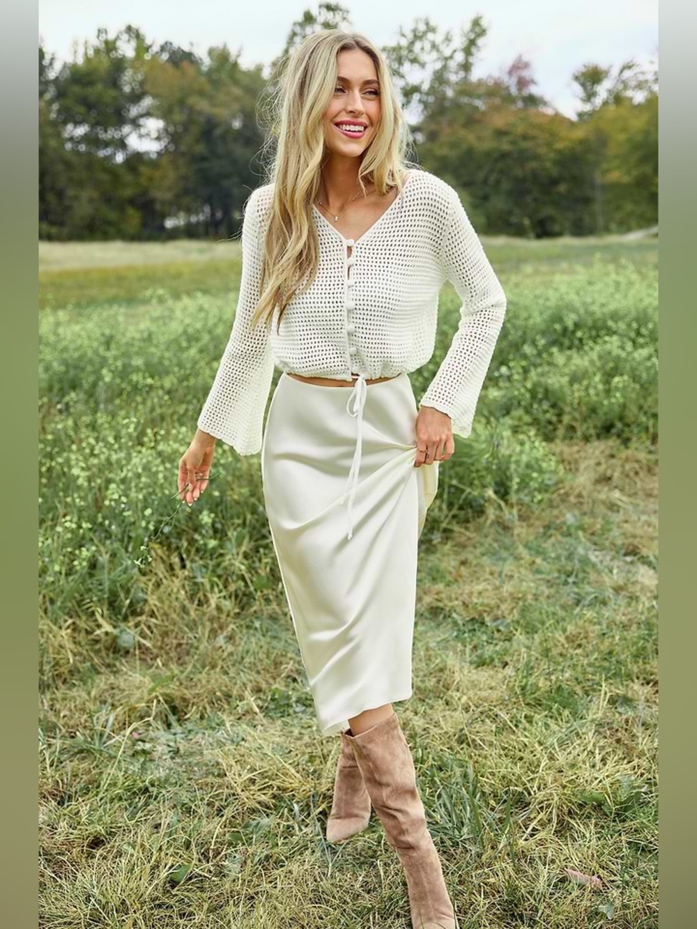 NWT CUPSHE Large Neutral Crochet V-Neck Cropped Sweater